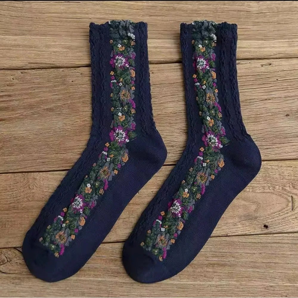 Floral Embroidered Navy Crew Dress Socks